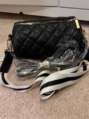 Black Quilted Crossbody Bag with Striped Removable Strap